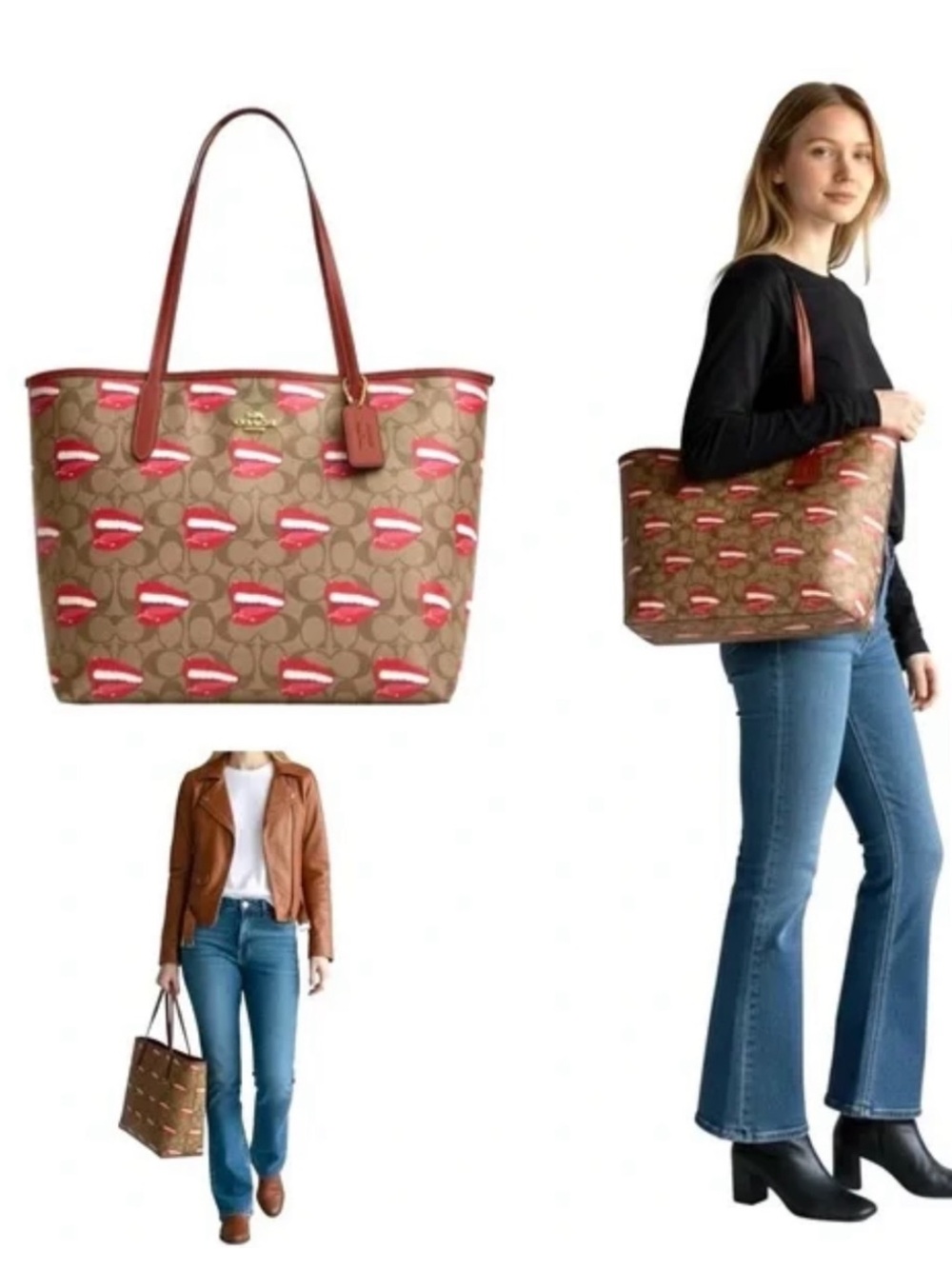 Coach x Tom Wesselman 2023 City Tote signature khaki w red smile mouth lips